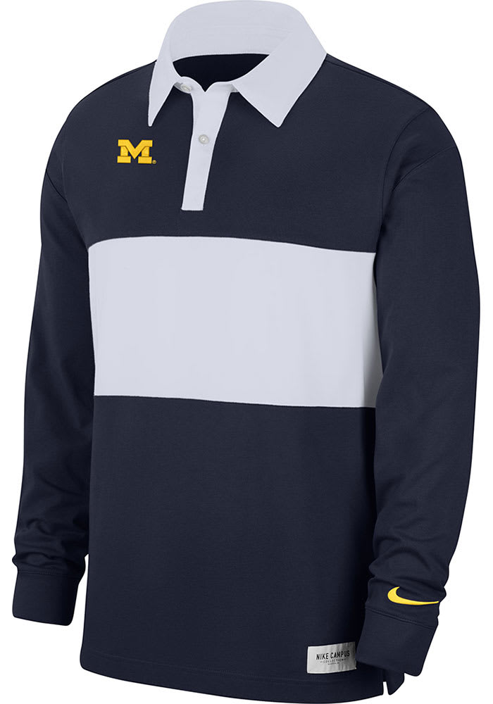 Nike Mens BLUE Michigan Wolverines Rugby Striped Long Sleeve Polo