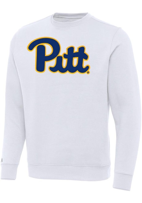 Mens Pitt Panthers White Antigua Full Front Victory Crew Sweatshirt