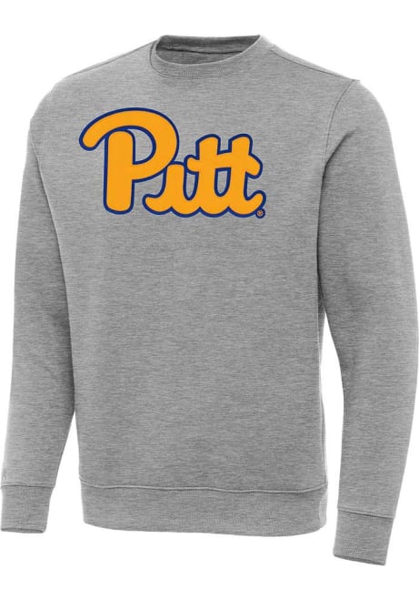 Mens Pitt Panthers Grey Antigua Full Front Victory Crew Sweatshirt