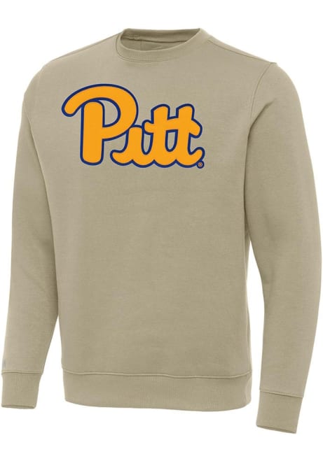 Mens Pitt Panthers Khaki Antigua Full Front Victory Crew Sweatshirt