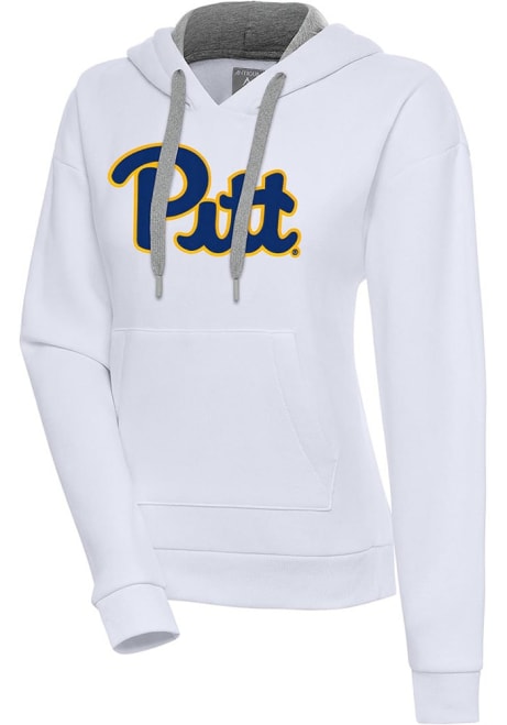 Womens Pitt Panthers White Antigua Full Front Victory Hooded Sweatshirt