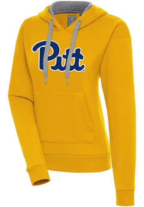 Womens Pitt Panthers Gold Antigua Full Front Victory Hooded Sweatshirt