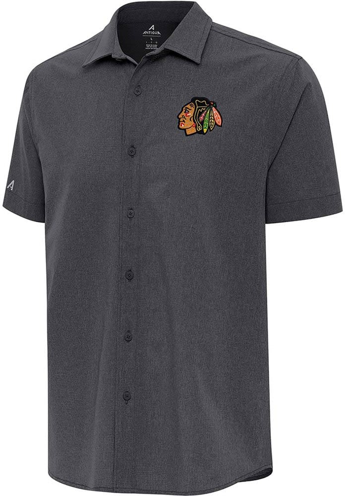 Men s Antigua Black Chicago Blackhawks Activate Woven Short Sleeve Button Up Shirt Size Small