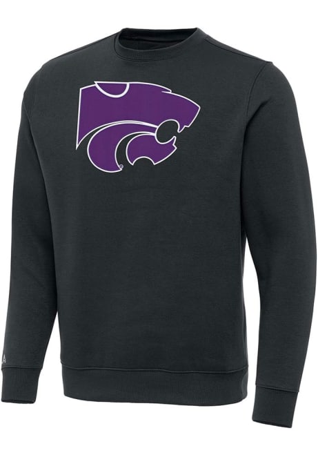 Mens K-State Wildcats Charcoal Antigua Full Front Victory Crew Sweatshirt