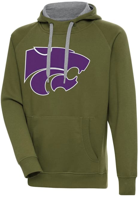 Mens K-State Wildcats Olive Antigua Full Front Victory Hooded Sweatshirt