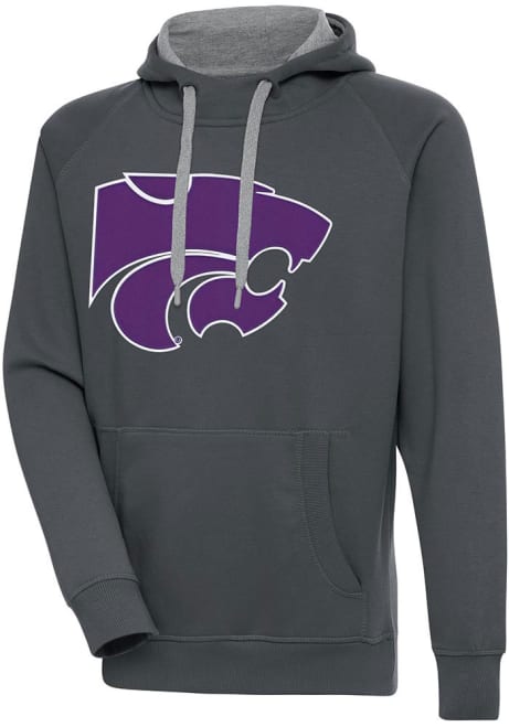 Mens K-State Wildcats Charcoal Antigua Full Front Victory Hooded Sweatshirt