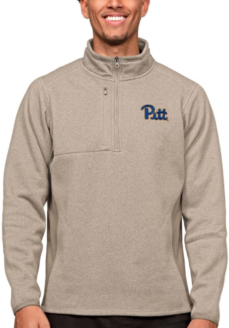 Mens Pitt Panthers Oatmeal Antigua Course Qtr Zip Pullover