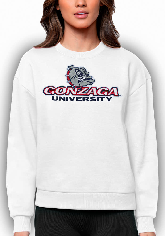 Gonzaga Bulldogs Antigua Crew Sweatshirt Womens WHITE Full Front Victory Long Sleeve