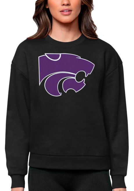 Womens K-State Wildcats Black Antigua Full Front Victory Crew Sweatshirt