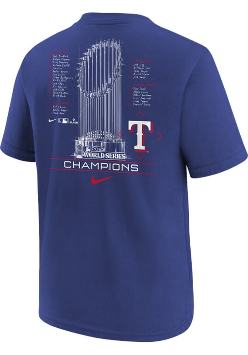 Nike Texas Rangers Youth Blue 2023 WS Champ Roster Short Sleeve T-Shirt