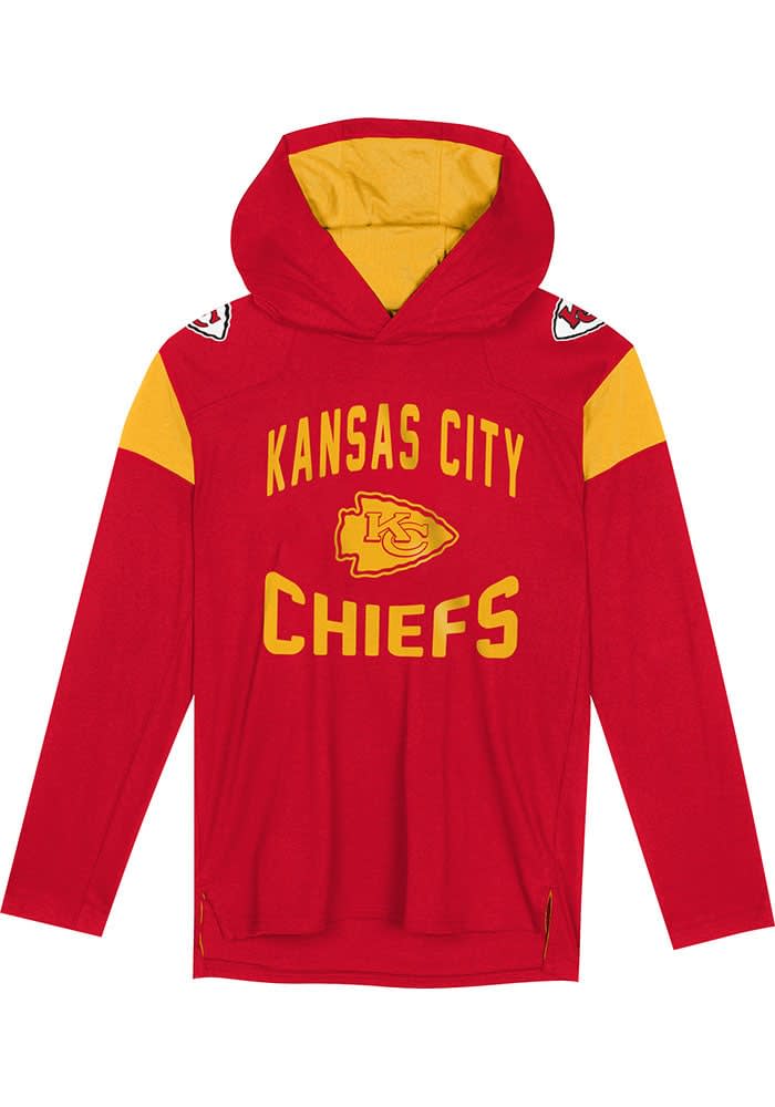 KANSAS CITY CHIEFS BOYS RED PRIMARY LOGO LONG SLEEVE HOODED SWEATSHIRT offers SIZE M