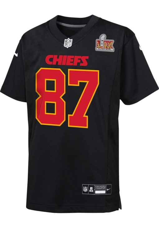 Travis Kelce Kansas City Chiefs Youth Black Nike 2024 Super Bowl Participant LIX Patch Carbon Foot..