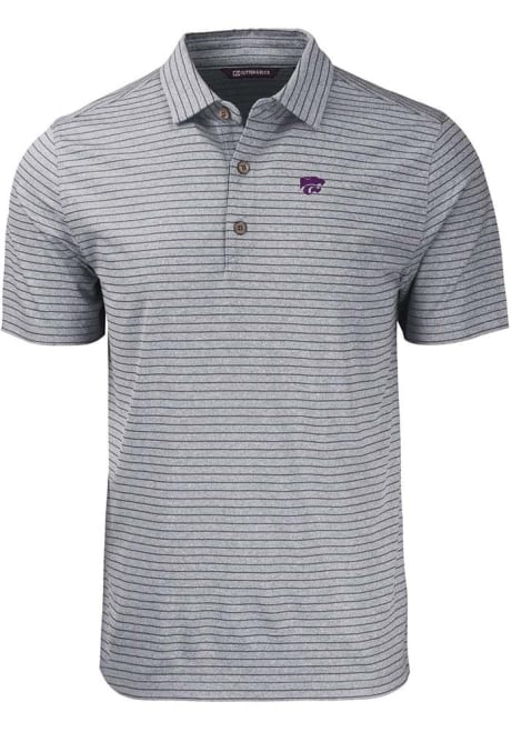 Mens K-State Wildcats Black Cutter and Buck Forge Heather Stripe Short Sleeve Polo Shirt