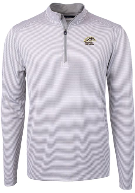 Mens Western Michigan Broncos Grey Cutter and Buck Virtue Eco Pique Stripe Qtr Zip