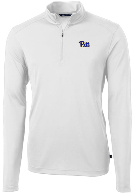 Mens Pitt Panthers White Cutter and Buck Virtue Eco Pique Qtr Zip Pullover