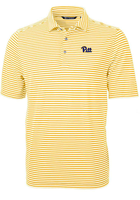 Mens Pitt Panthers Gold Cutter and Buck Virtue Eco Pique Stripe Short Sleeve Polo Shirt