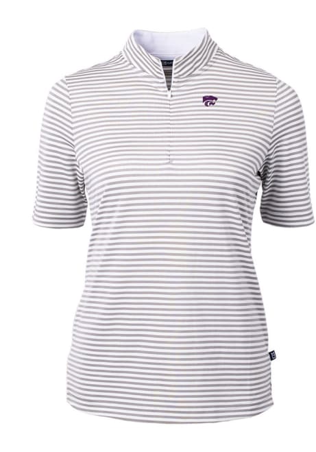Womens K-State Wildcats Grey Cutter and Buck Virtue Eco Pique Stripe Short Sleeve Polo Shirt