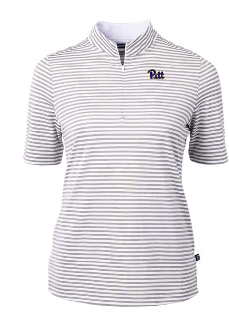 Womens Pitt Panthers Grey Cutter and Buck Virtue Eco Pique Stripe Short Sleeve Polo Shirt