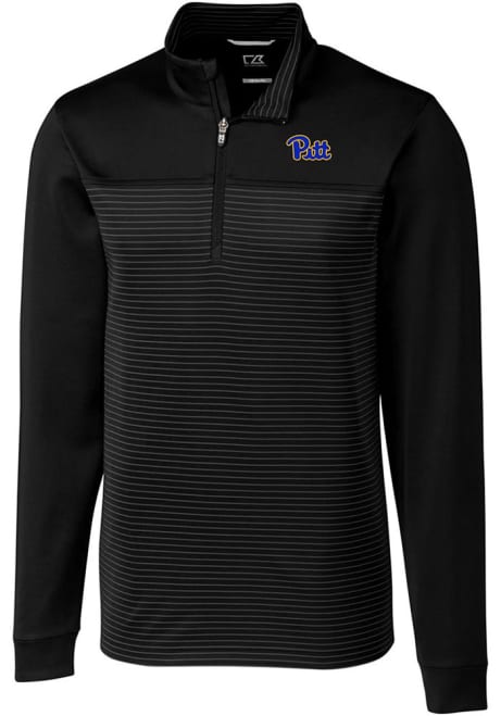 Mens Pitt Panthers Black Cutter and Buck Traverse Stripe Stretch 1/4 Zip Pullover