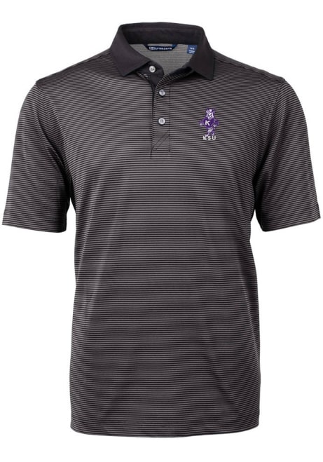 Mens K-State Wildcats Black Cutter and Buck Vault Virtue Eco Pique Micro Stripe Short Sleeve Polo Shirt