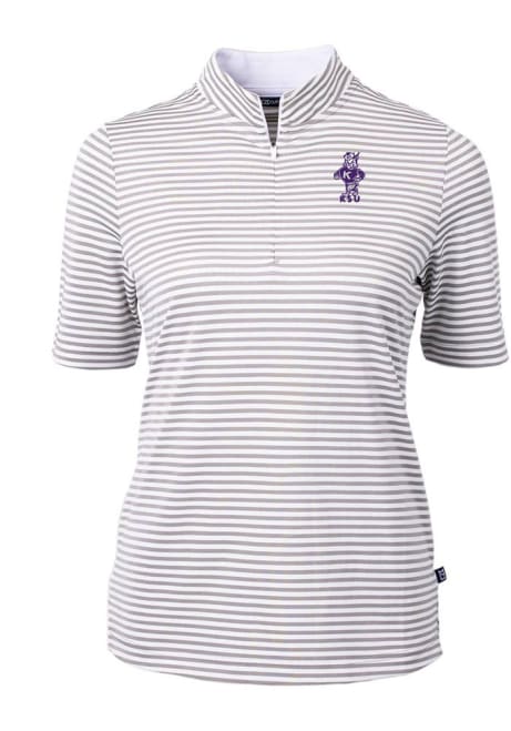 Womens K-State Wildcats Grey Cutter and Buck Vault Virtue Eco Pique Stripe Short Sleeve Polo Shirt