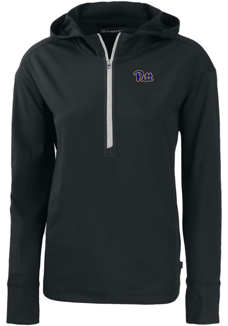 Womens Pitt Panthers Black Cutter and Buck Daybreak Hood Qtr Zip