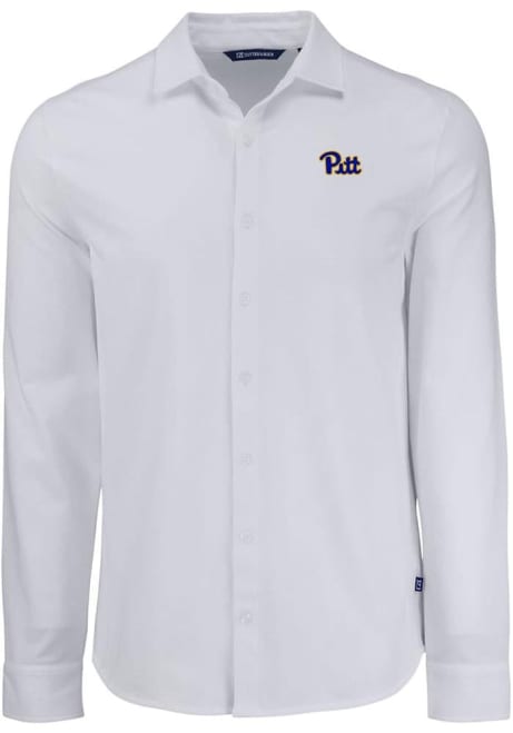 Mens Pitt Panthers White Cutter and Buck Advantage Soft Pique Long Sleeve Dress Shirt