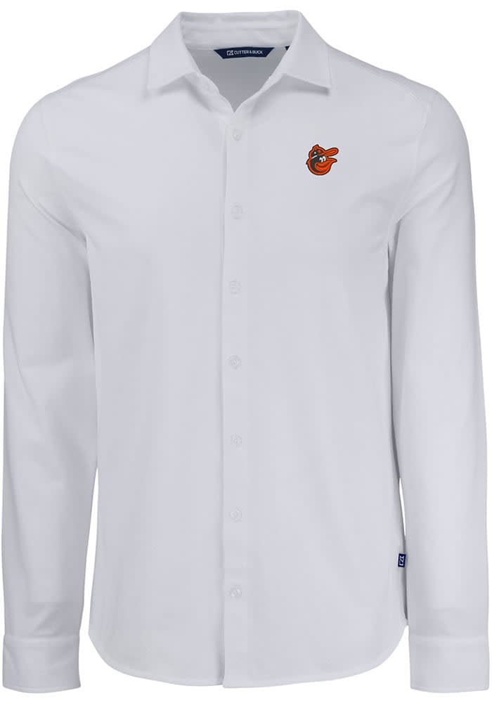 Cutter and Buck Baltimore Orioles Mens White Cooperstown Advantage Soft Pique Long Sleeve Dress