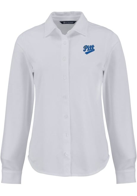 Womens Pitt Panthers White Cutter and Buck Vault Advantage Soft Pique Long Sleeve Dress Shirt