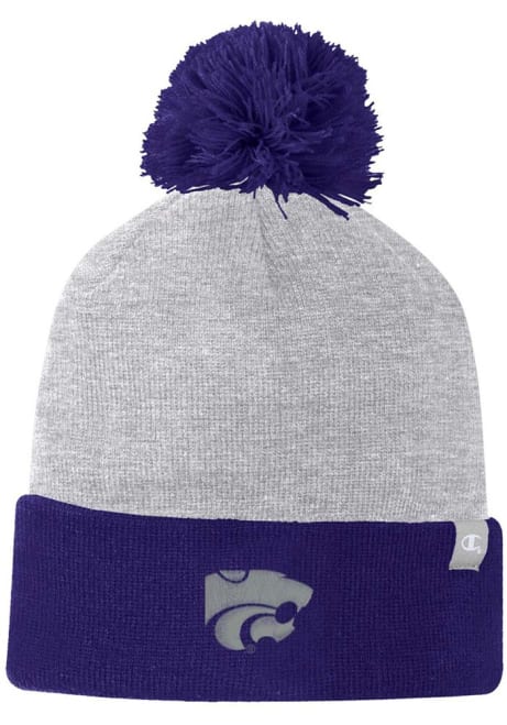 K-State Wildcats Champion Two Color Cuffed Beanie Pom Mens Knit Hat - Grey