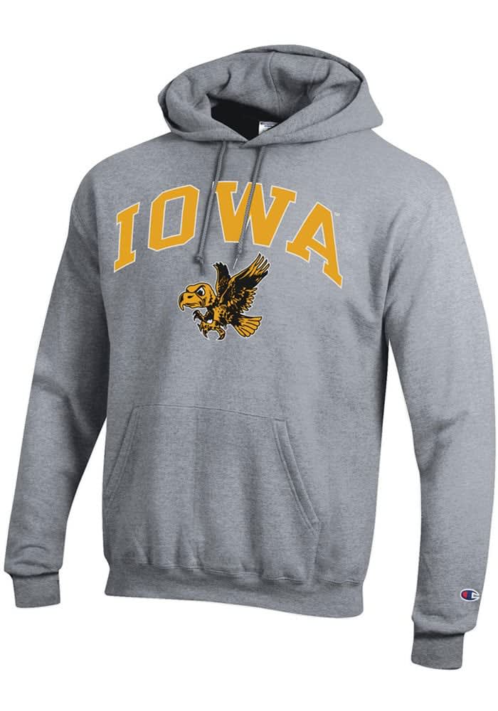 Champion Iowa Hawkeyes Mens Grey Arch Mascot Long Sleeve Hoodie Grey 50 COTTON 50 POLYESTER Size L