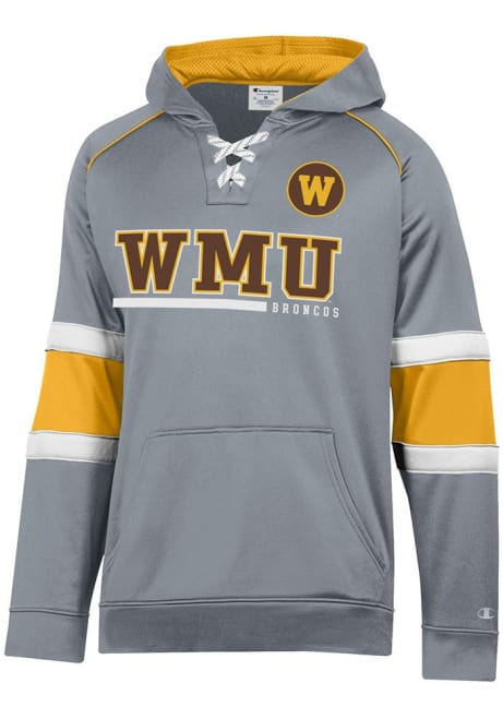 Mens Western Michigan Broncos Grey Champion Stadium Raglan Hockey Lace Up Long Sleeve Hoodie