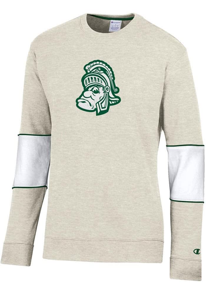 Champion Michigan State Spartans Mens Oatmeal Super Fan Colorblocked Primary Logo Long Sleeve Crew Sweatshirt Oatmeal 60 Cotton 40 POLYESTER