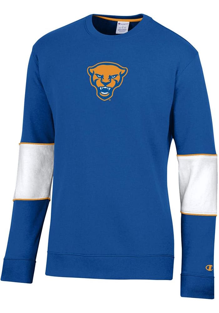 Champion Mens ROYAL Pitt Panthers Super Fan Colorblocked Primary Logo Long Sleeve Crew Sweatshirt