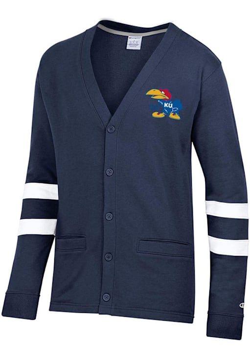 Mens Kansas Jayhawks Navy Blue Champion Super Fan Cardigan Long Sleeve  Sweater