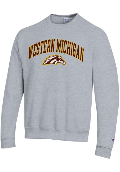 Mens Western Michigan Broncos Grey Champion Powerblend Arch Mascot Crew Sweatshirt