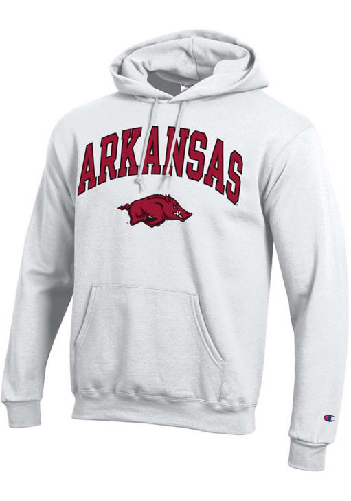 Champion Arkansas Razorbacks Mens White Arch Mascot Powerblend Long Sleeve Hoodie