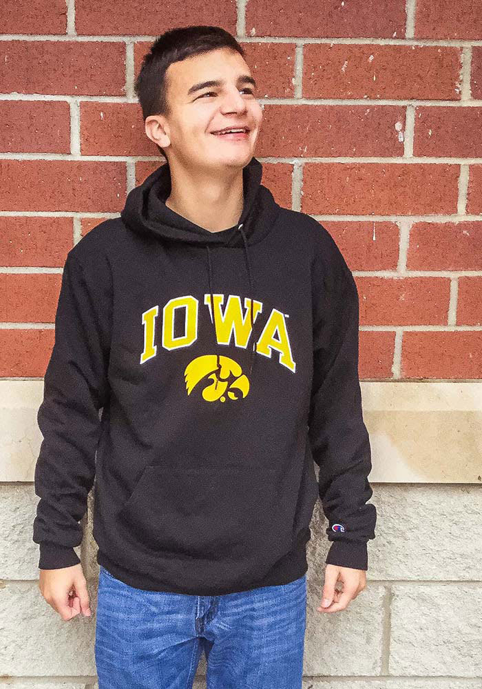 Champion Mens BLACK Iowa Hawkeyes Arch Mascot Hoodie