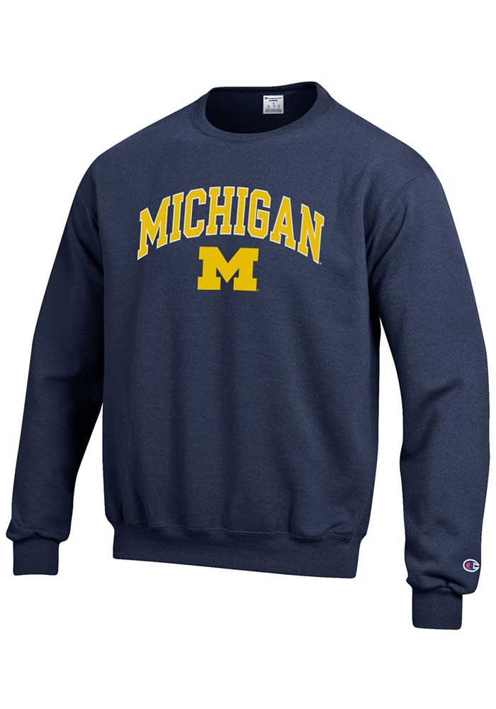 トップス Champion Michigan University Champion Michigan Wolverines Mens BLUE Arch Mascot Crew