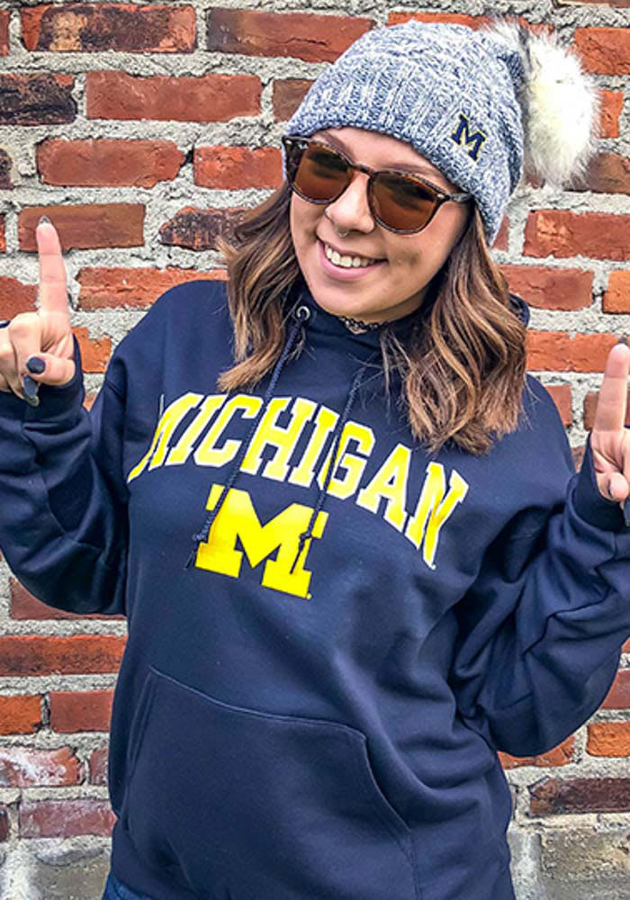 Champion Mens NAVY Michigan Wolverines Arch Mascot Hoodie