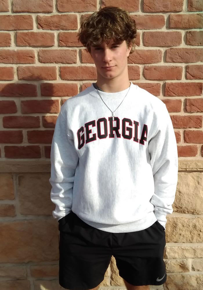 Champion Georgia Bulldogs Grey Reverse Weave Arch Name Long Sleeve Crew Sweatshirt, Grey, 80% Cotton / 20% Poly Fleece, Size S, Rally House