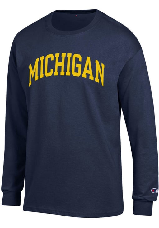 Champion Michigan Wolverines Arch Name Long Sleeve T Shirt Navy Blue