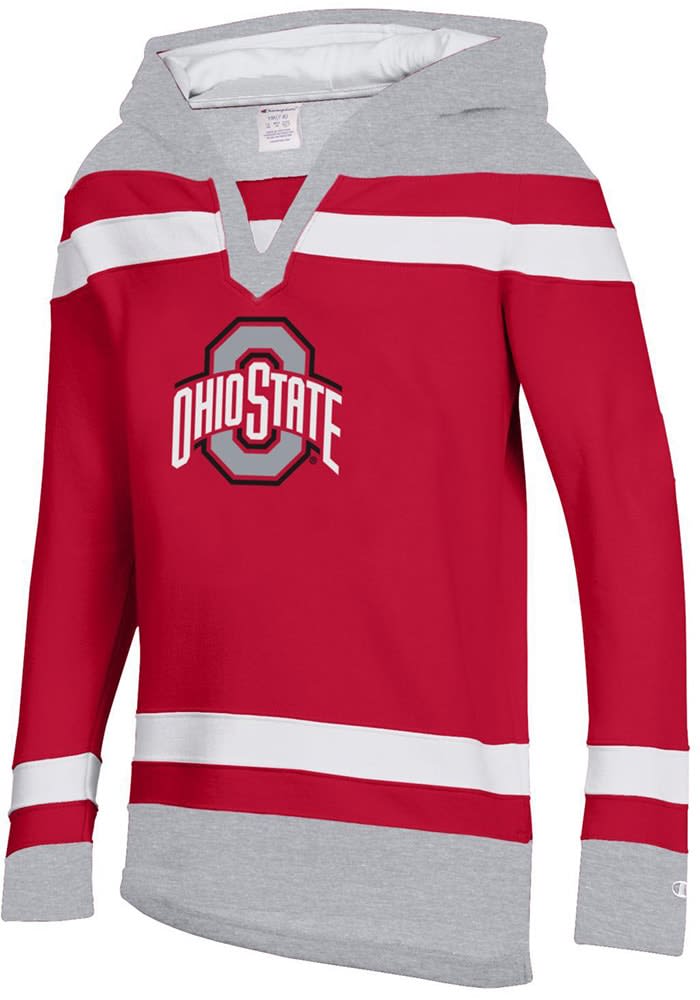 Ohio State Buckeyes Champion Youth RED Superfan Big Stripe Hockey Long Sleeve Hoodie