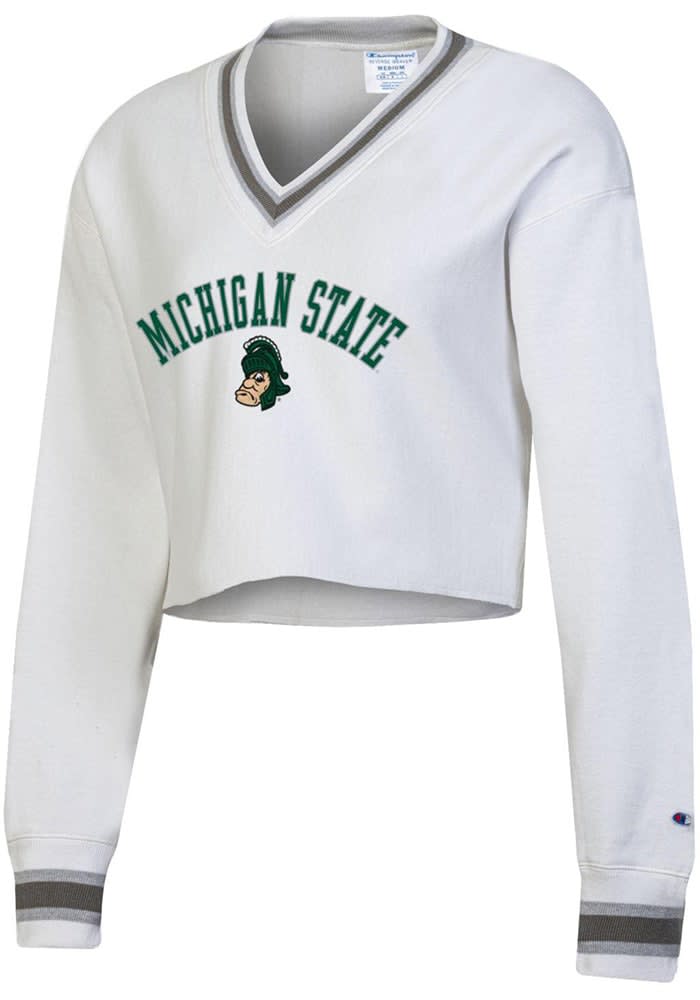 Champion Womens WHITE Michigan State Spartans RW Cropped Long Sleeve Crew Sweatshirt