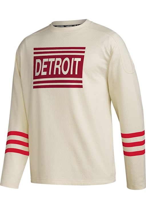 Adidas Detroit Red Wings Mens CREAM Patch Logo Long Sleeve Fashion