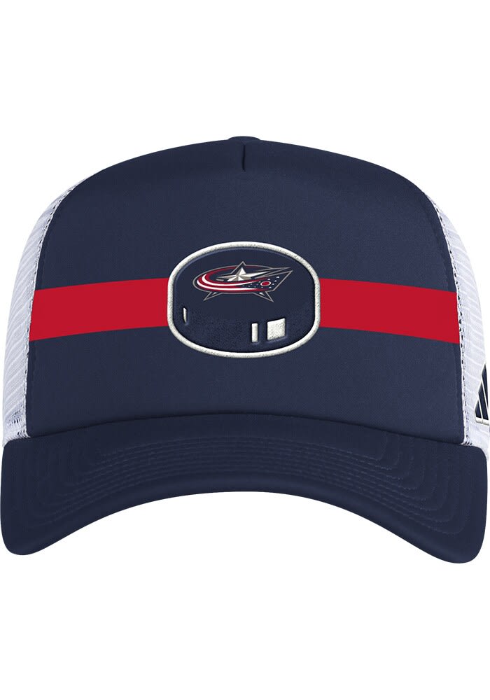 Adidas Columbus Blue Jackets Stripe Puck Foam Trucker Adjustable Hat Navy Blue