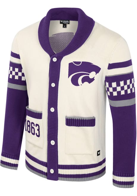 Womens K-State Wildcats White Colosseum Rolled Collar Jacquard Long Sleeve Cardigan