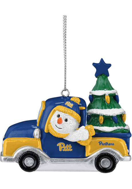 White Pitt Panthers Snowman Riding Truck Ornament