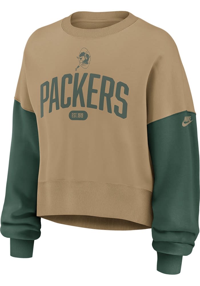Green Bay Packers Nike Crew Sweatshirt Womens TAN Rewind Long