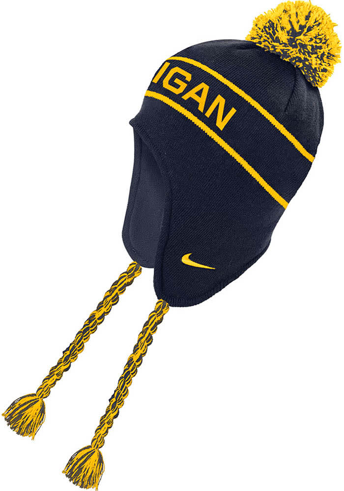 Michigan Wolverines Nike BLUE Earflap Beanie Mens Knit Hat - 198600396